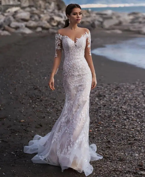 Sexy Scoop Long Sleeves Mermaid Wedding Dresses Bridal Gown